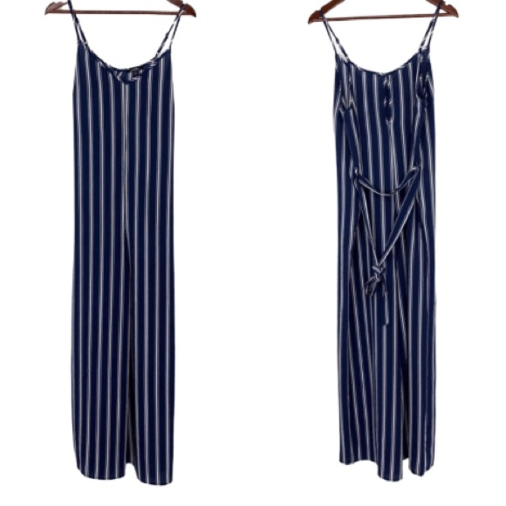 Ambiance Navy Blue White Striped V-Neck Spaghetti Strap Jumpsuit Size Medium